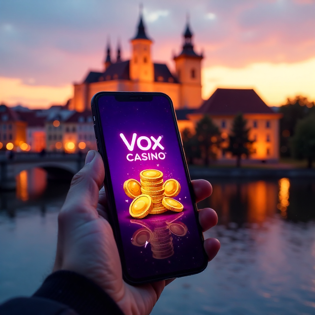 A hand holding a premium smartphone showing Vox Casino app, background featuring the Wawel Royal Castle in Krakow at golden hour, official brand neon purple and deep black colors, 3D golden coins and neon slot symbols flying out of the screen, hyper-reali